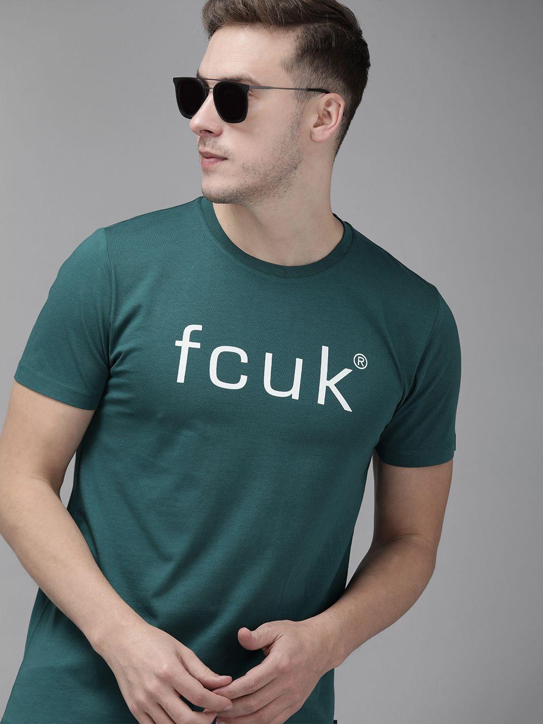 french connection men teal & white brand logo printed pure cotton slim fit t-shirt