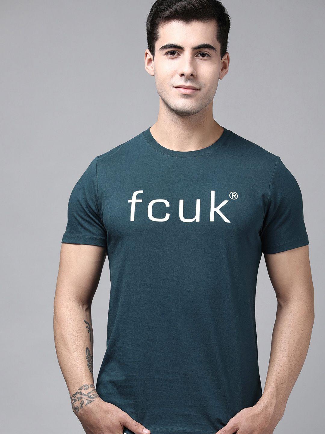french connection men teal blue brand logo printed pure cotton slim fit t-shirt