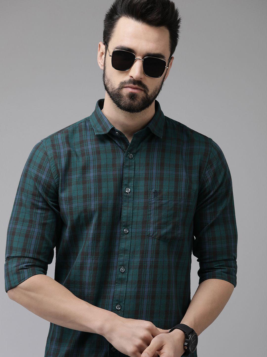 french connection men teal green & blue classic slim fit checked pure cotton casual shirt
