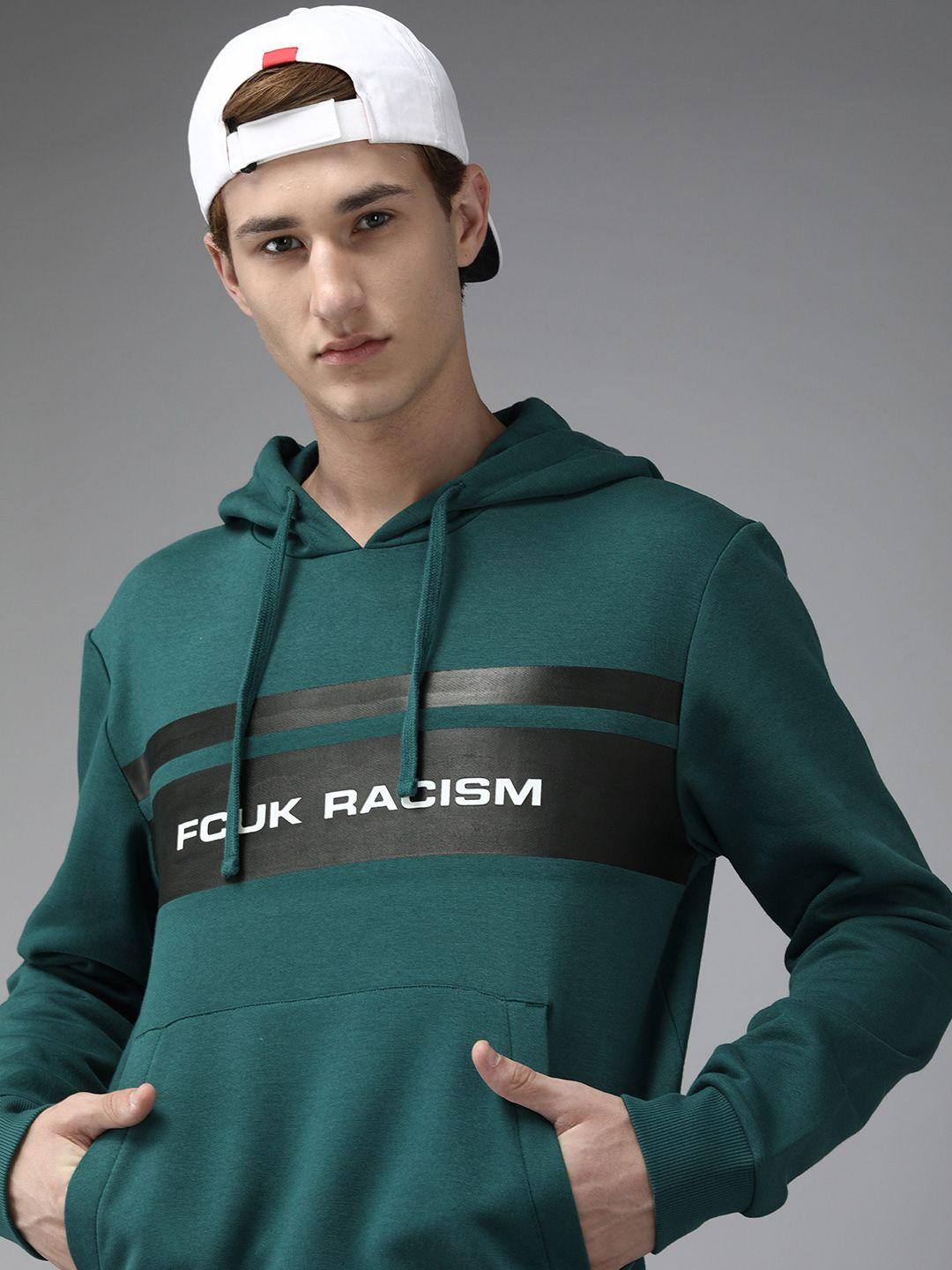 french connection men teal green printed hooded sweatshirt