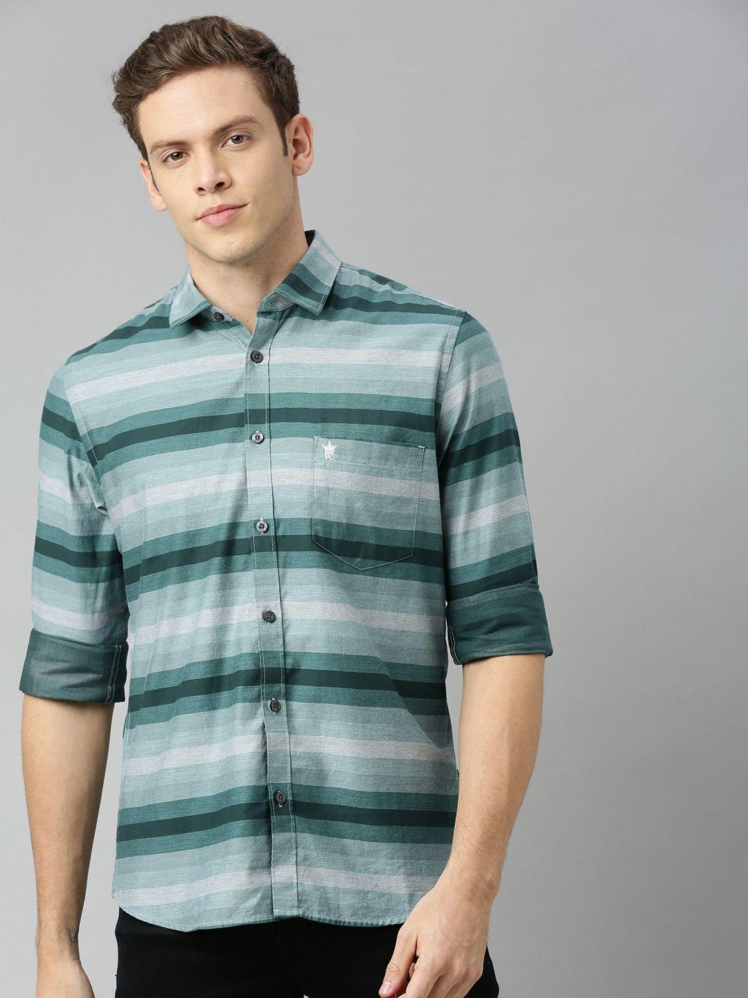 french connection men teal green slim fit striped casual shirt