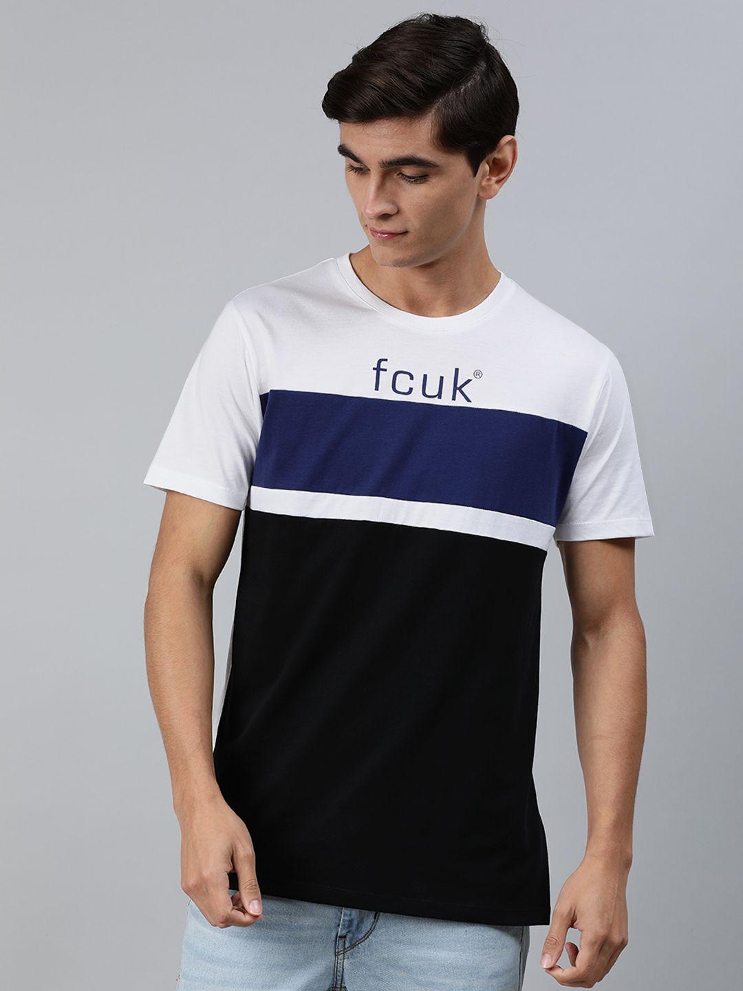 french connection men white  black slim fit colourblocked round neck pure cotton t-shirt