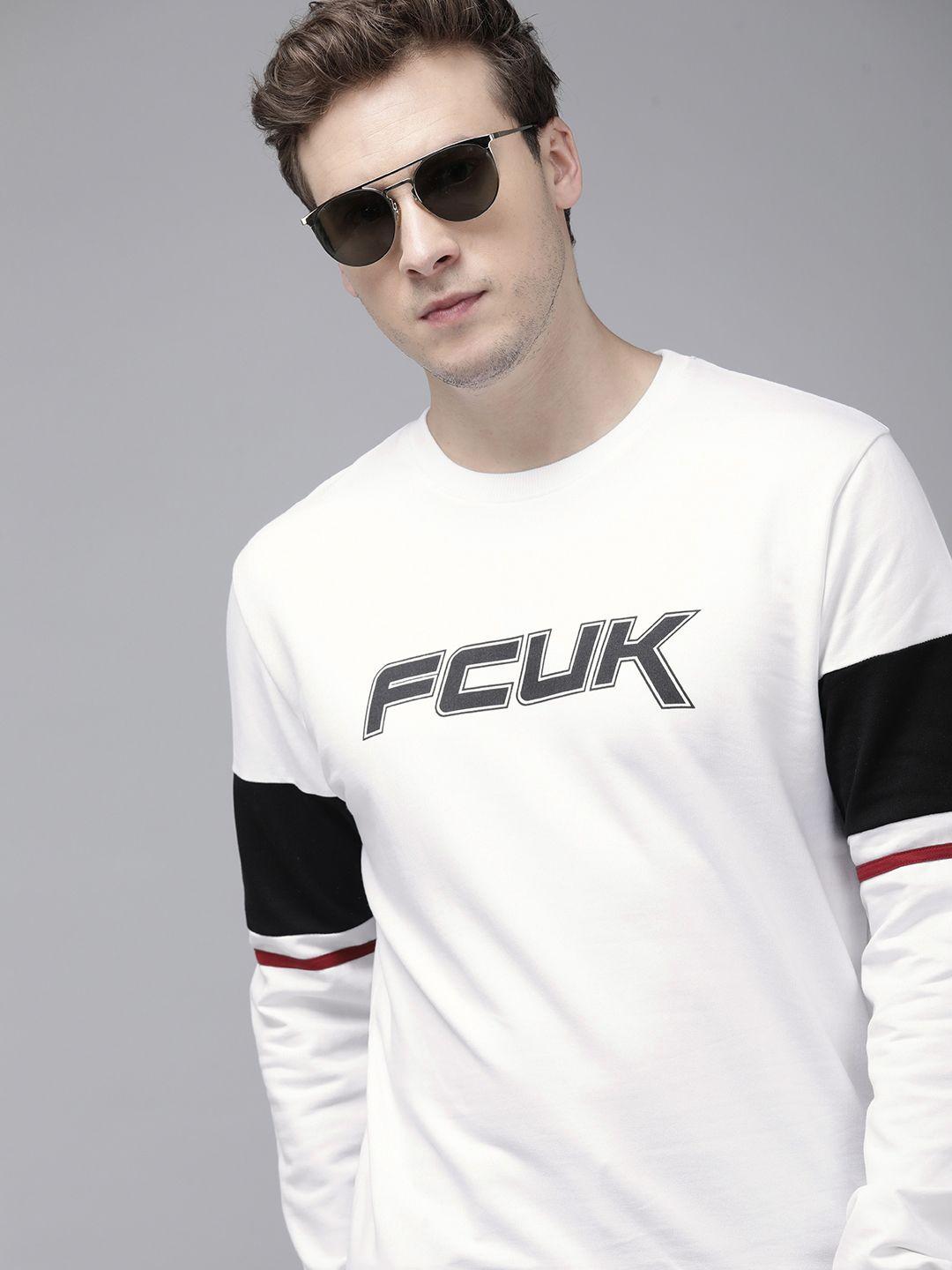 french connection men white brand logo printed sweatshirt with striped sleeves