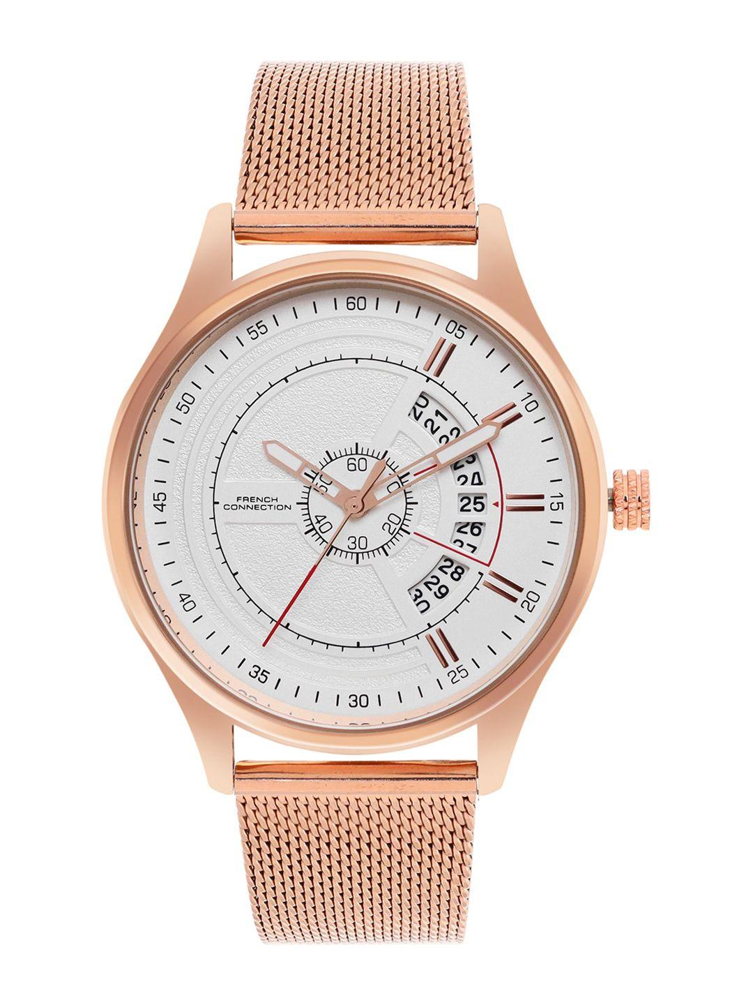 french connection men white dial & rose gold toned bracelet strap watch fcn00026f