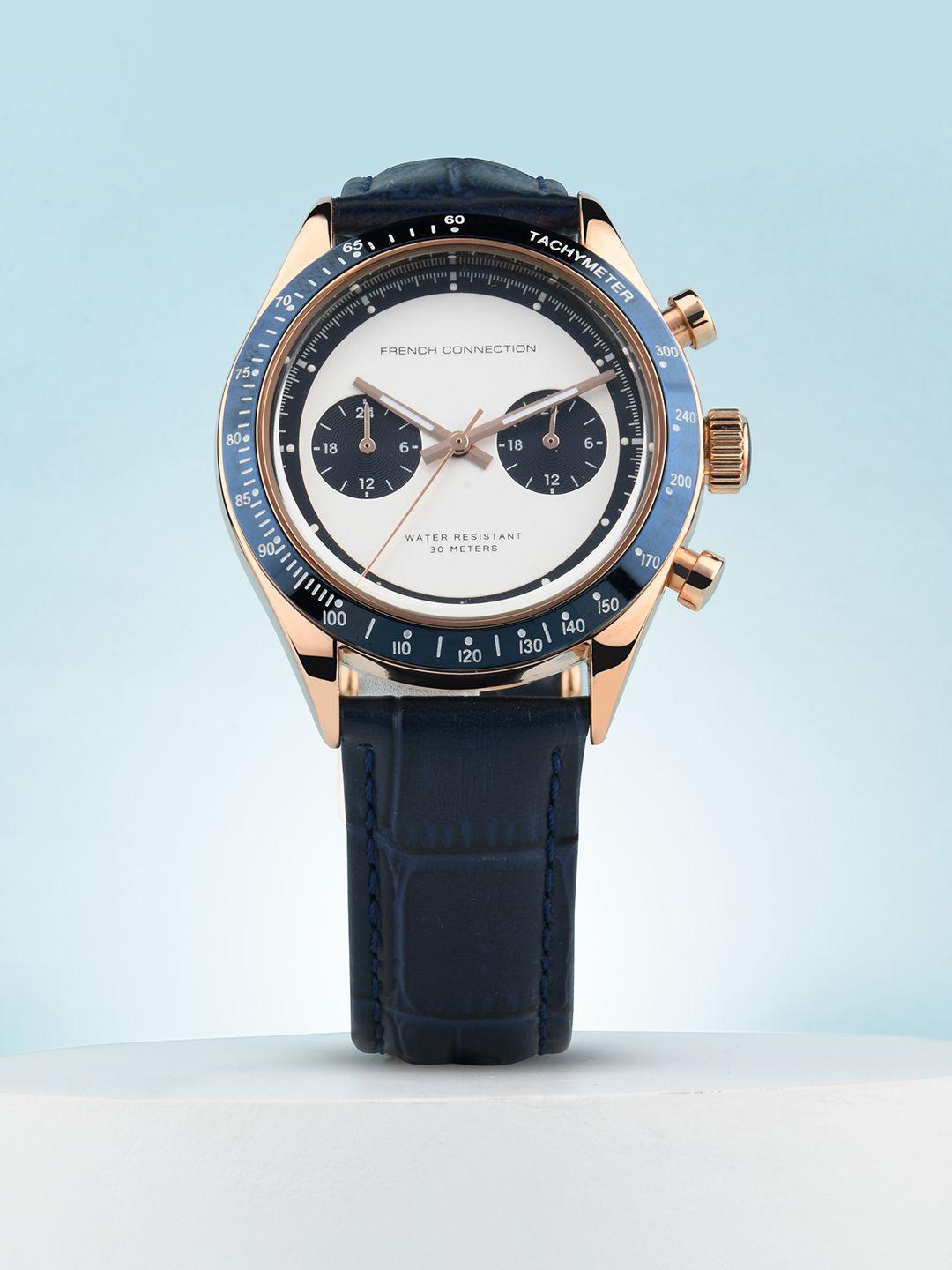 french connection men white embellished dial & blue leather textured straps analogue watch