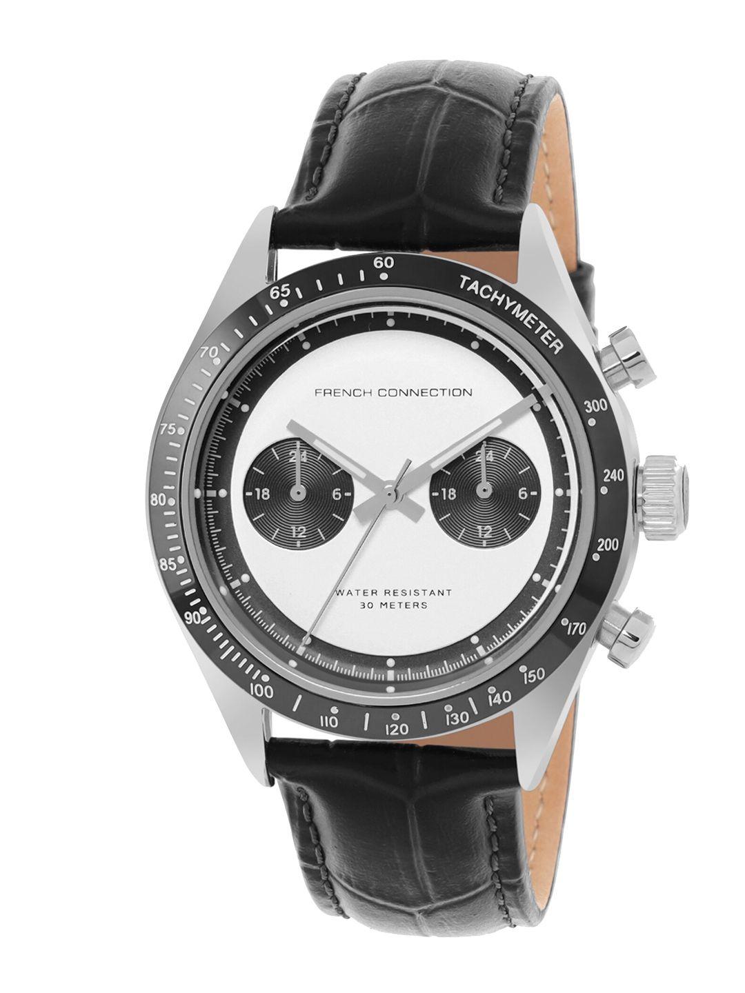 french connection men white patterned dial & black leather textured straps analogue watch - fcp37bl