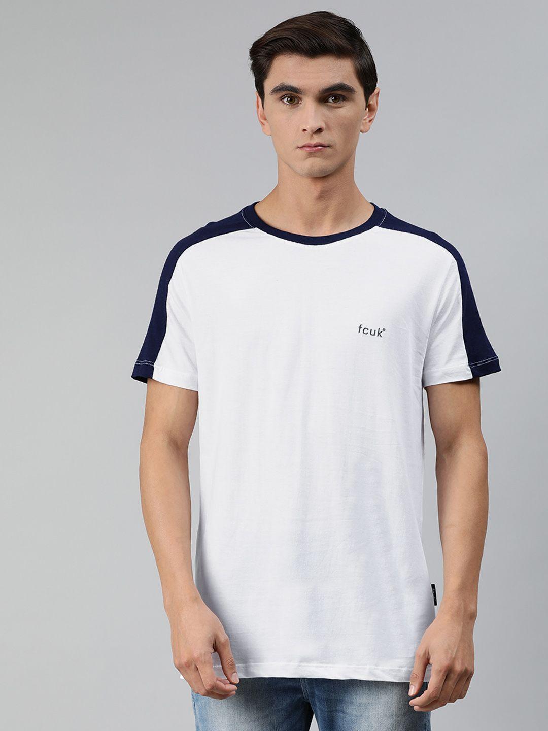 french connection men white solid round neck pure cotton t-shirt