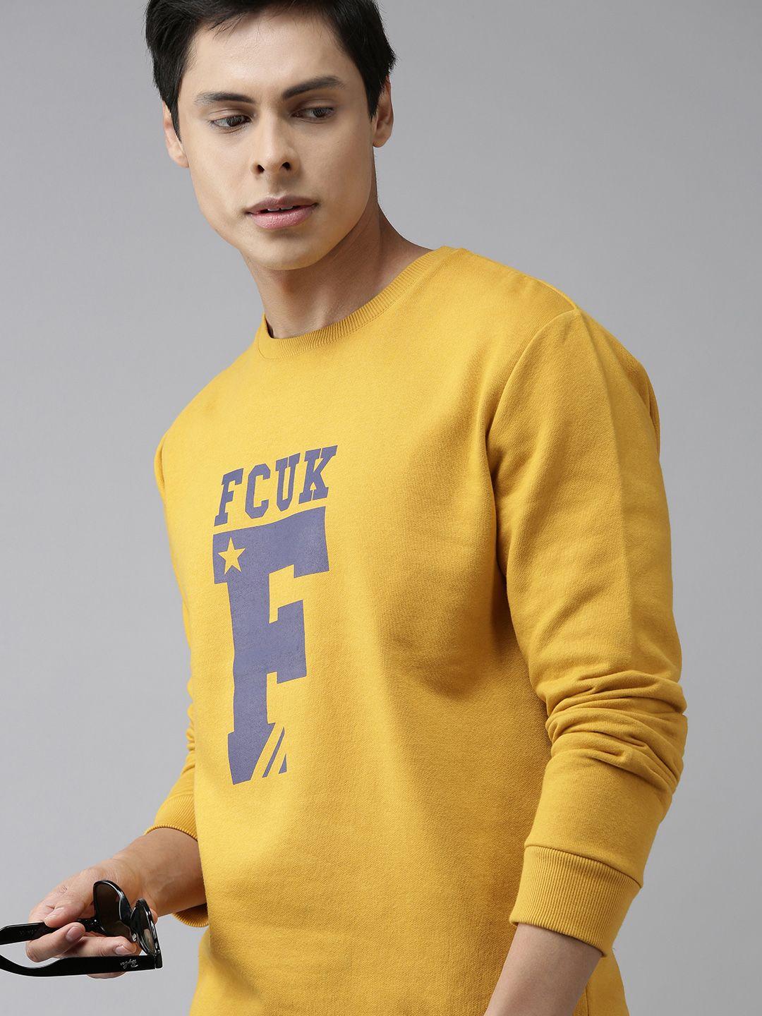 french connection men yellow & grey printed sweatshirt