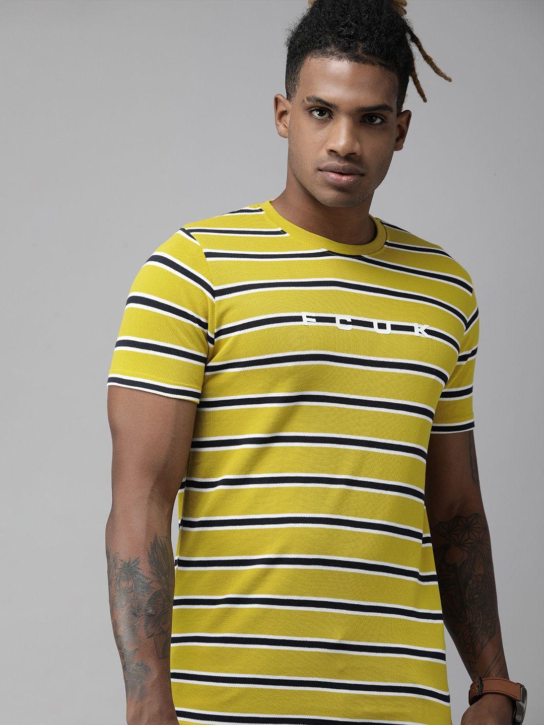 french connection men yellow  black striped slim fit pure cotton t-shirt