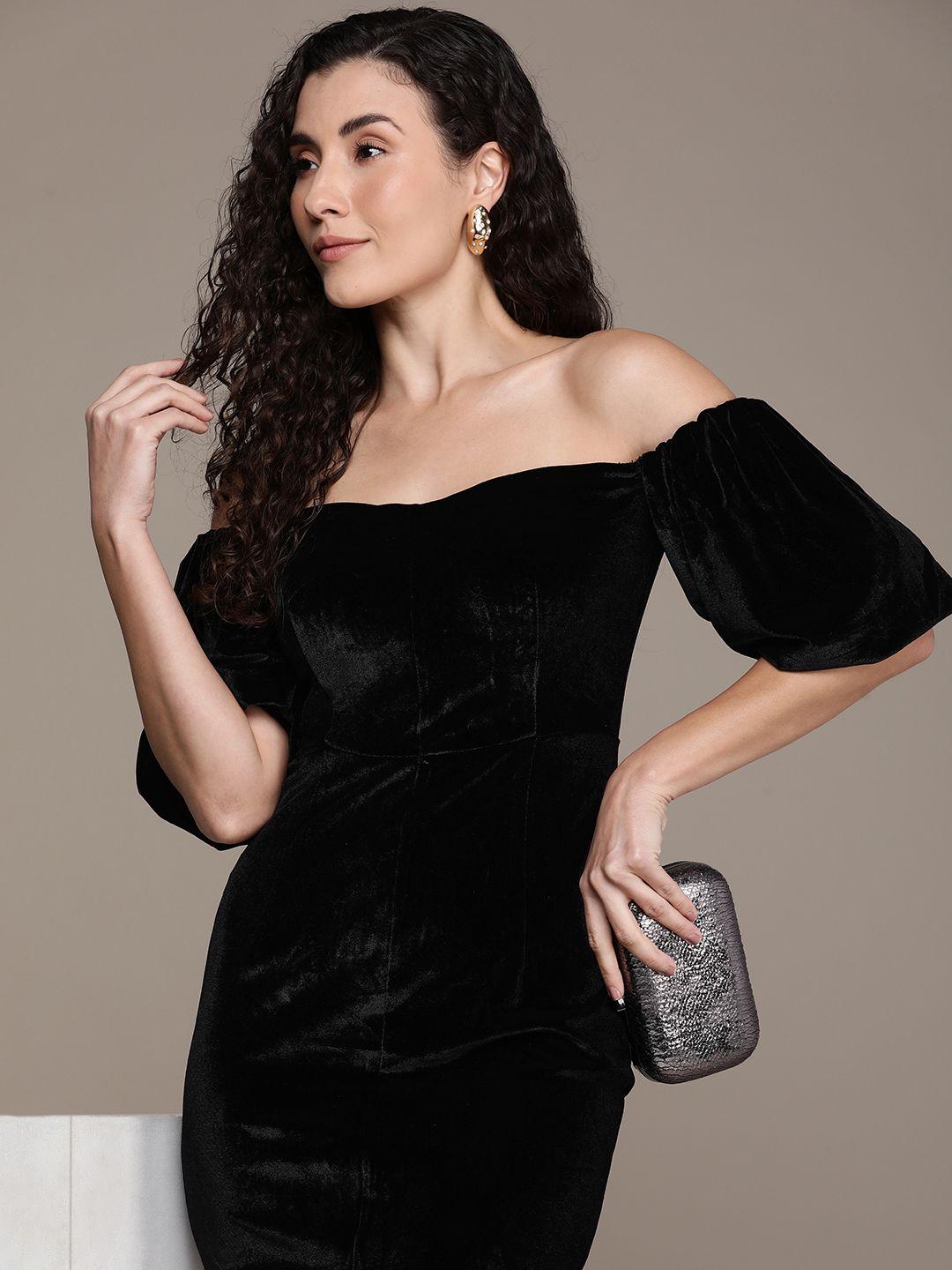 french connection off-shoulder puff sleeve velvet bodycon midi dress