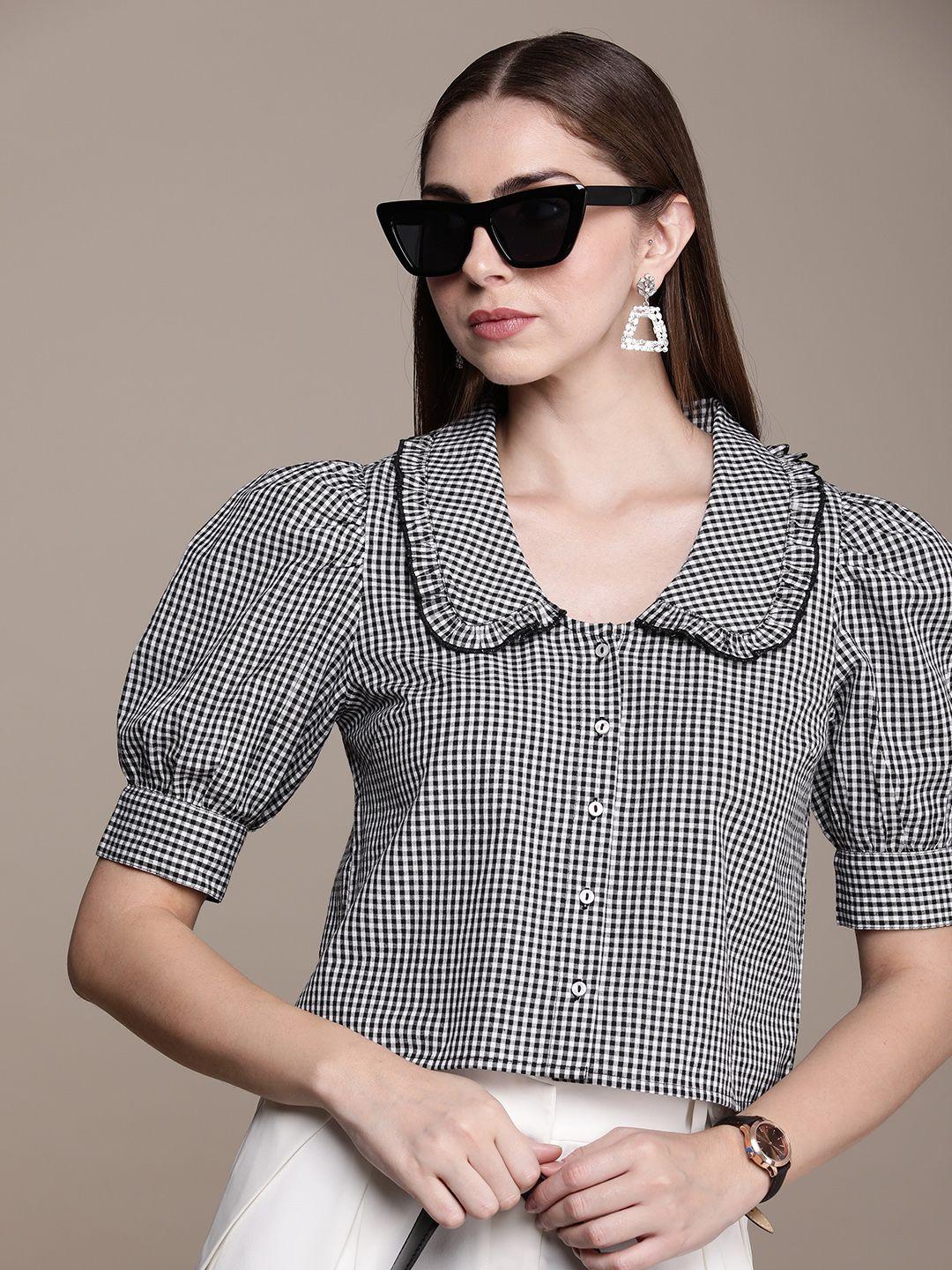french connection pure cotton gingham checks peter pan collar casual shirt
