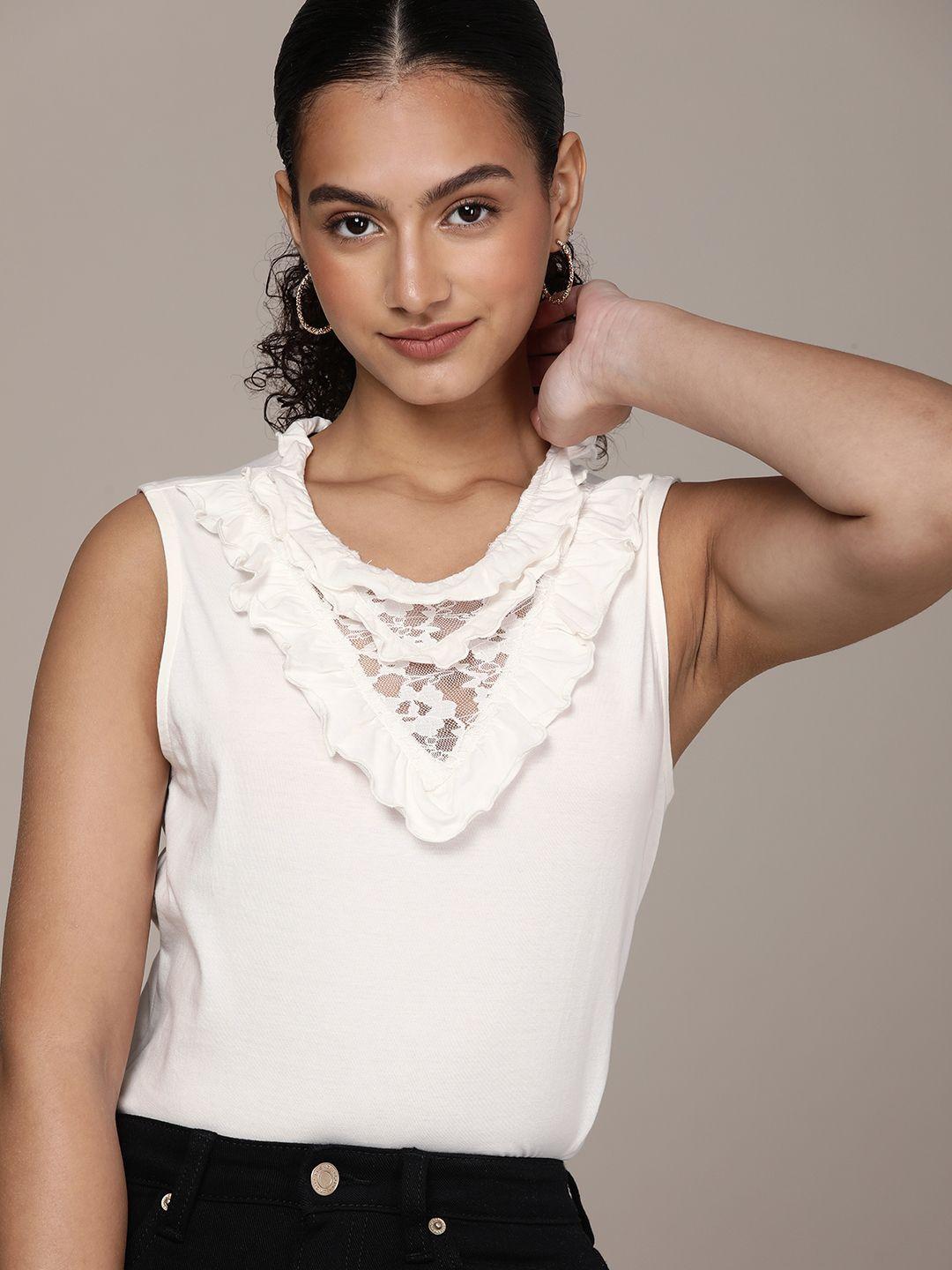 french connection pure cotton solid lace & ruffles knitted regular top