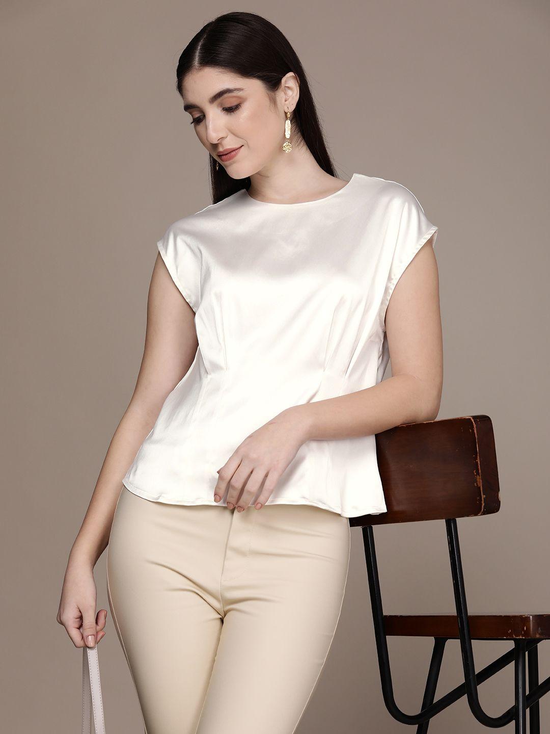 french connection round neck pleated detail extended sleeves satin top