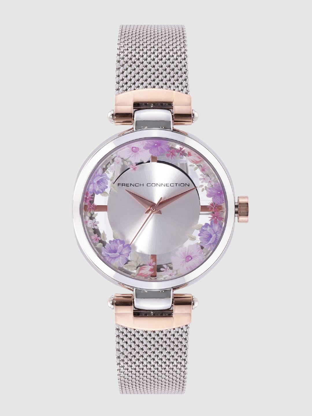 french connection silver-toned & purple sunray floral printed analogue watch fcl0003f