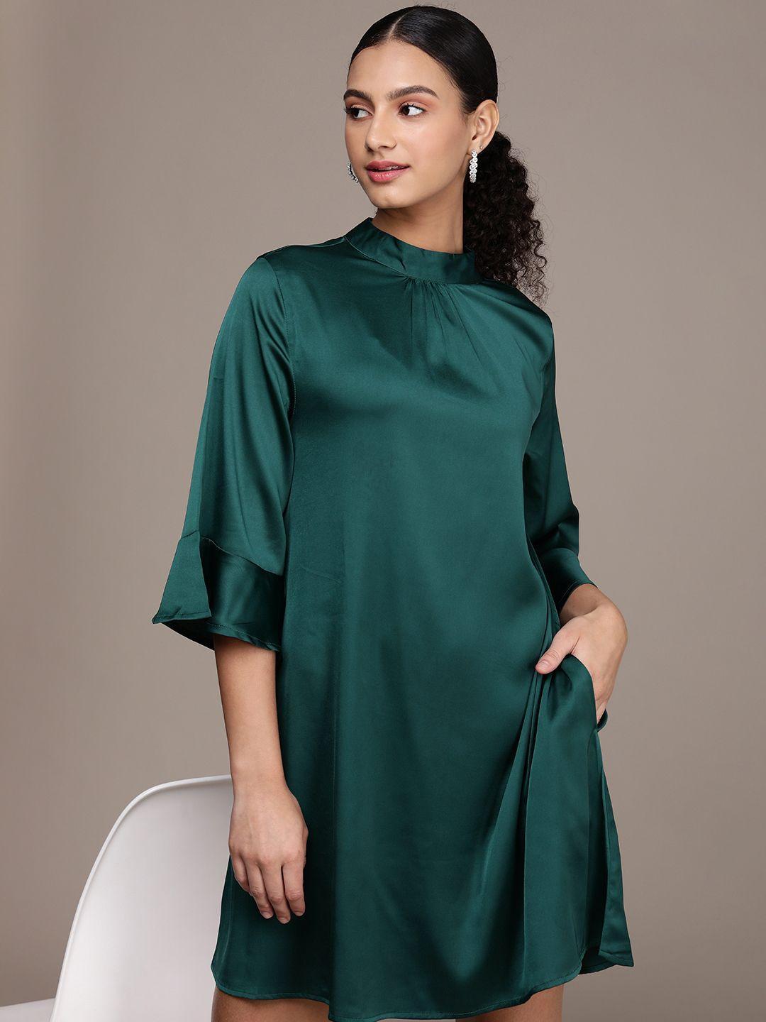 french connection solid bell sleeves satin a-line dress