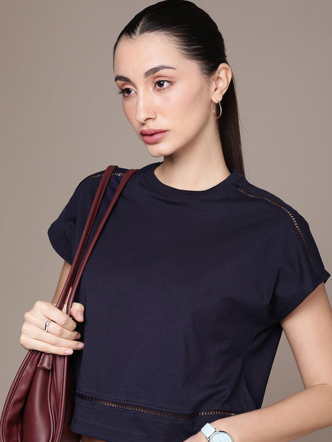 french connection solid extended sleeves pure cotton crop t-shirt