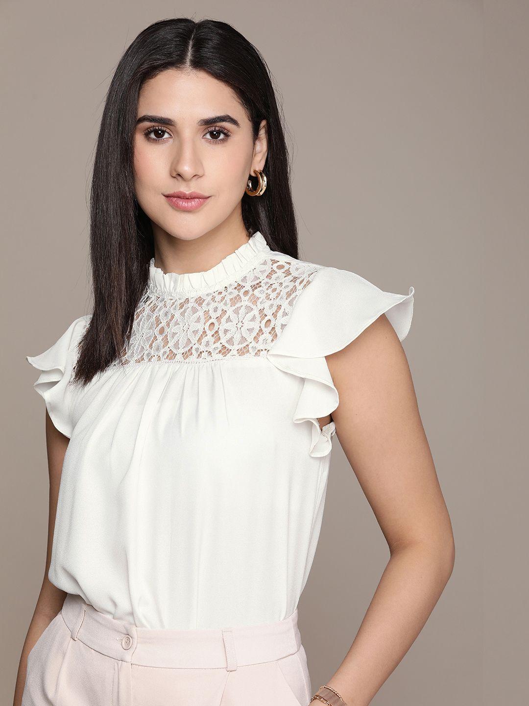 french connection solid lace detail flutter sleeve top