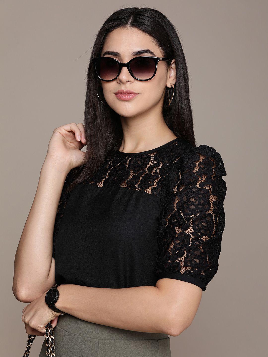 french connection solid lace detail puff sleeve top