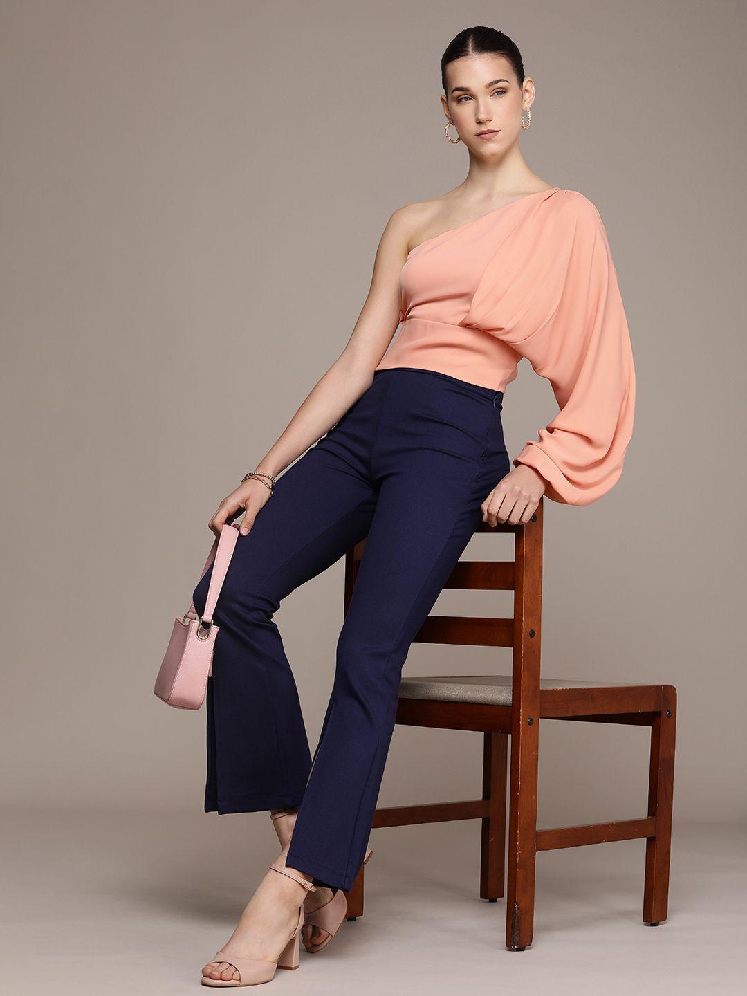 french connection solid one shoulder puff sleeve blouson top