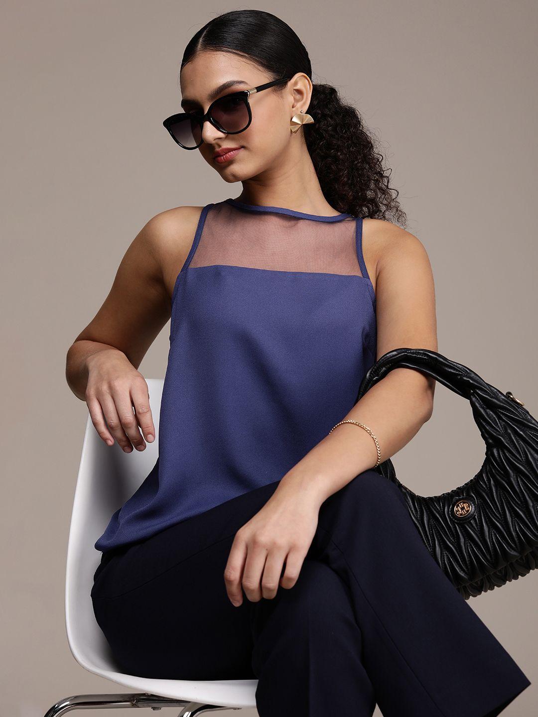 french connection solid sleeveless top with net detailing