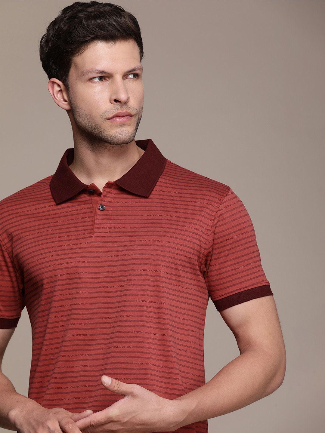 french connection striped & printed polo collar pure cotton t-shirt