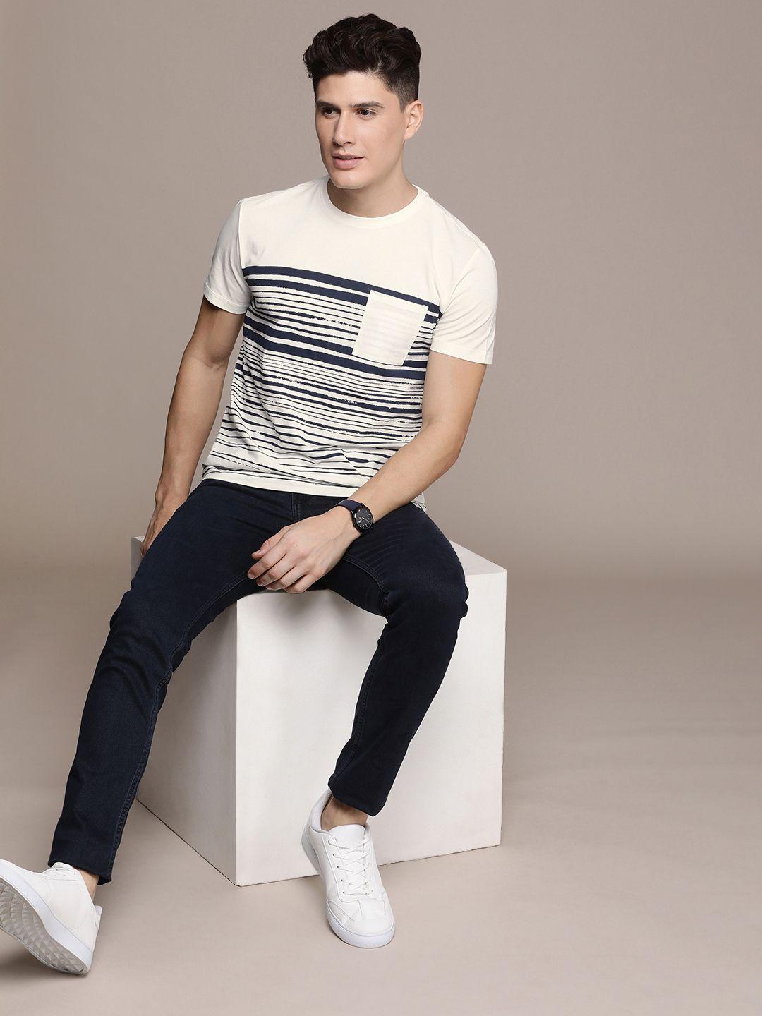 french connection striped pockets knitted pure cotton t-shirt