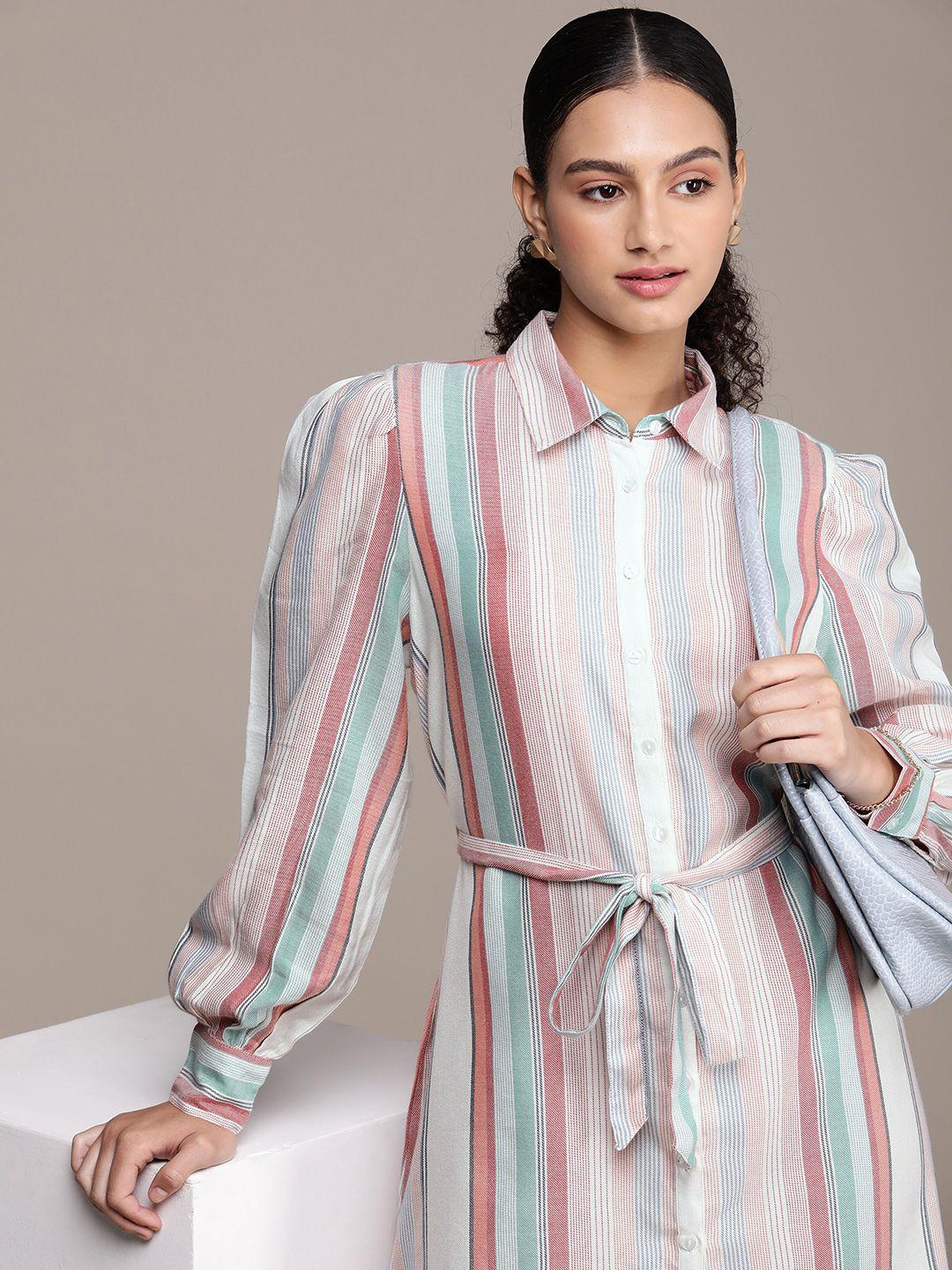 french connection striped puff sleeve shirt dress with fabric belt