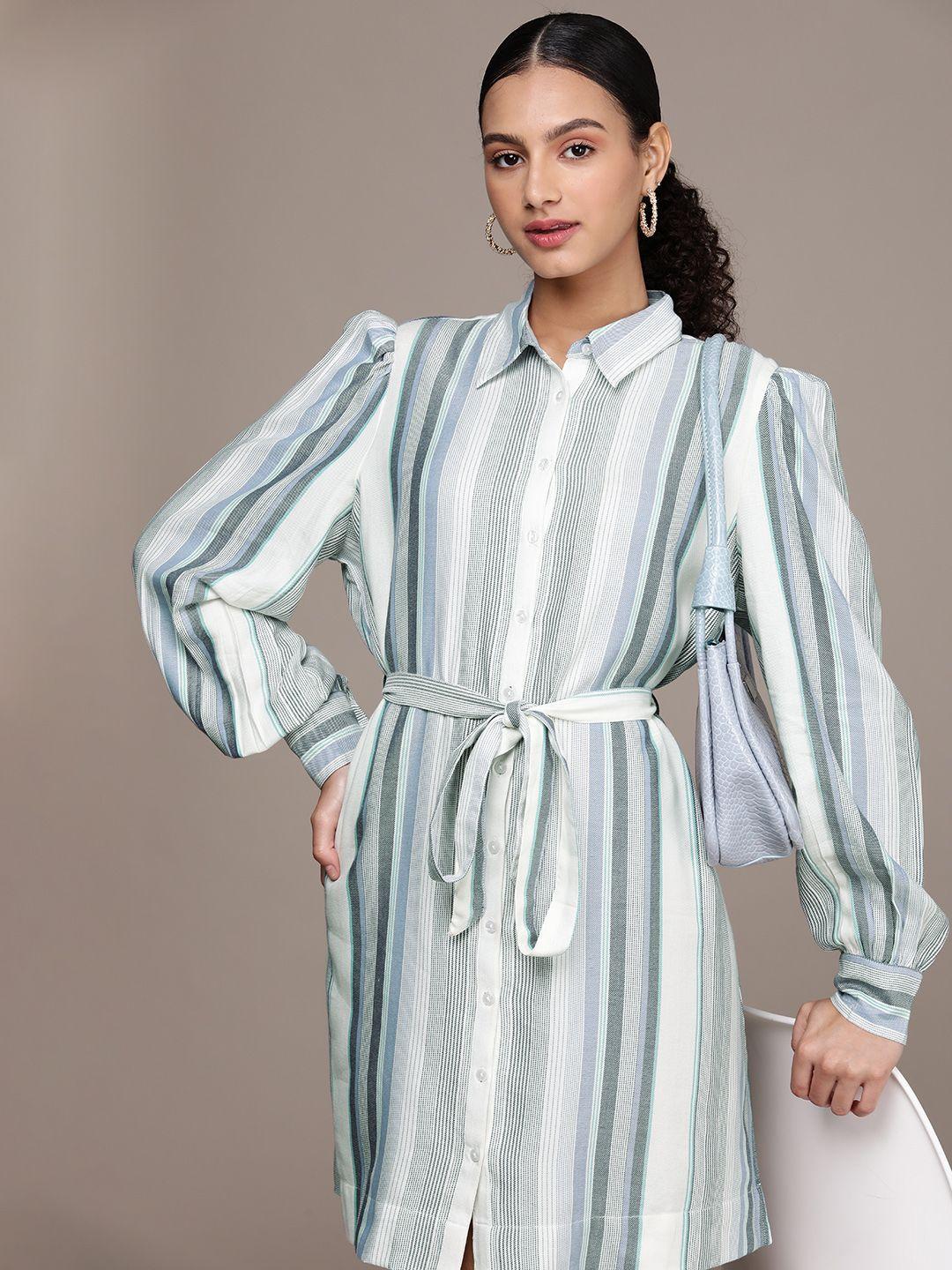 french connection striped puff sleeve shirt dress with fabric belt