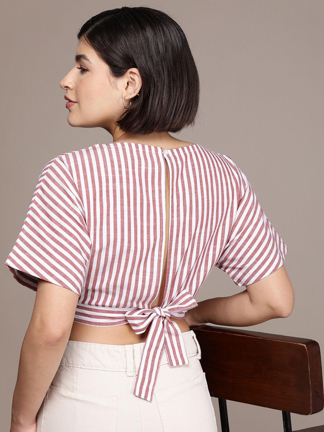 french connection striped pure cotton styled back crop top with tie-ups detail