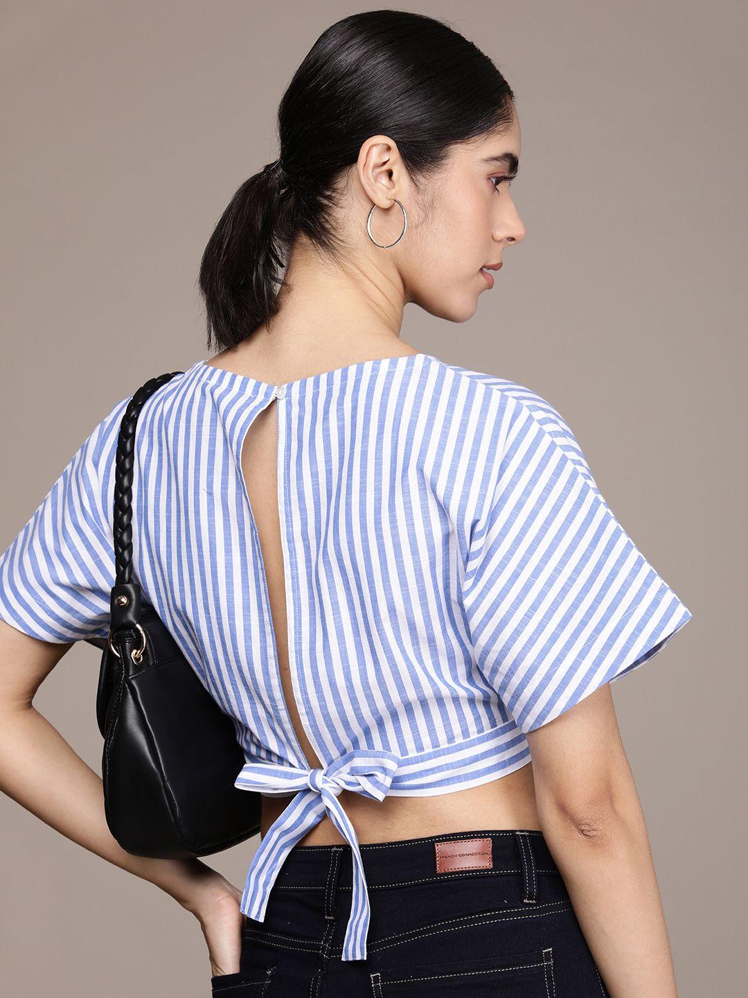 french connection striped pure cotton styled back crop top with tie-ups detail