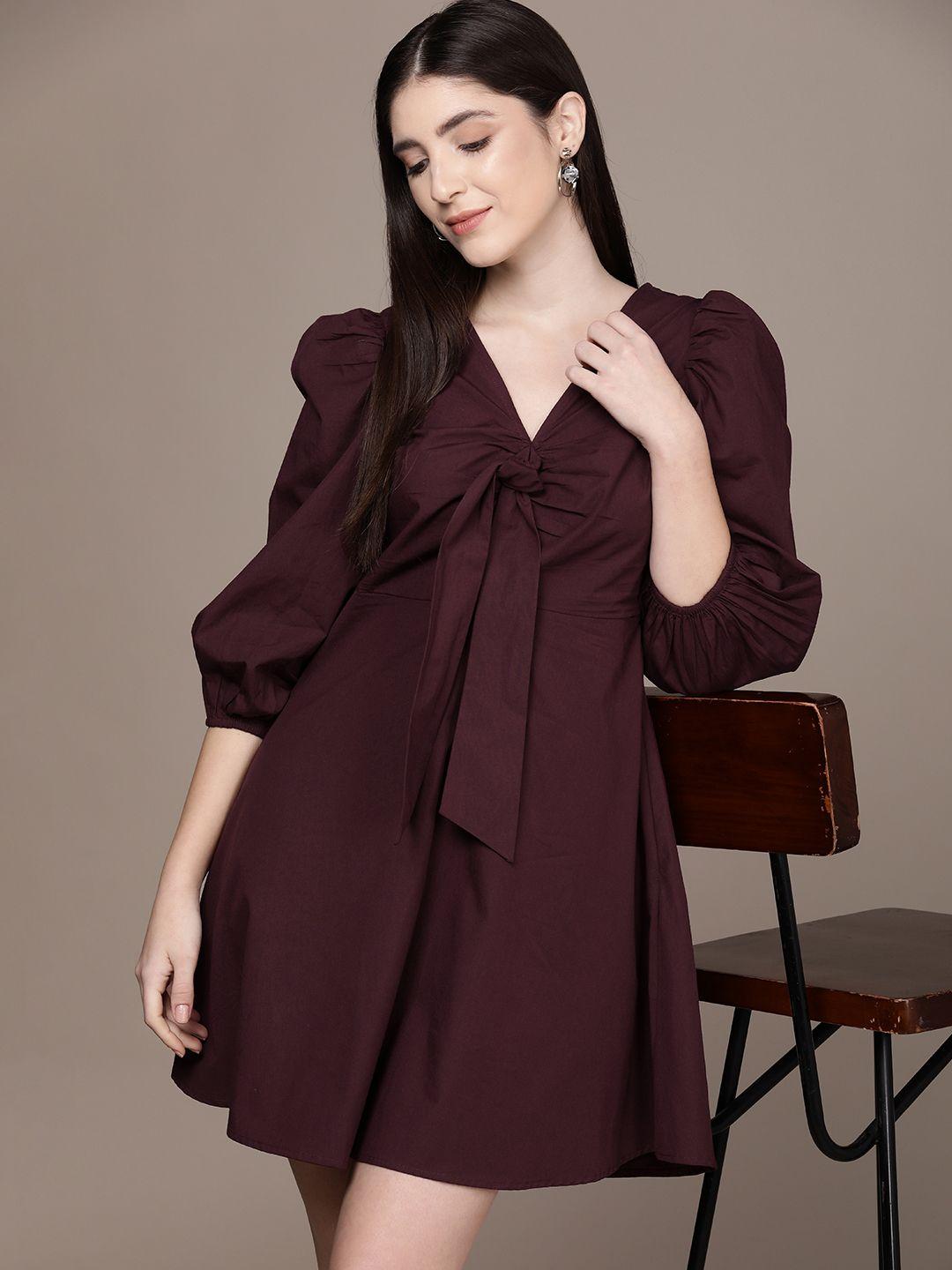 french connection v-neck puff sleeves pure cotton a-line dress