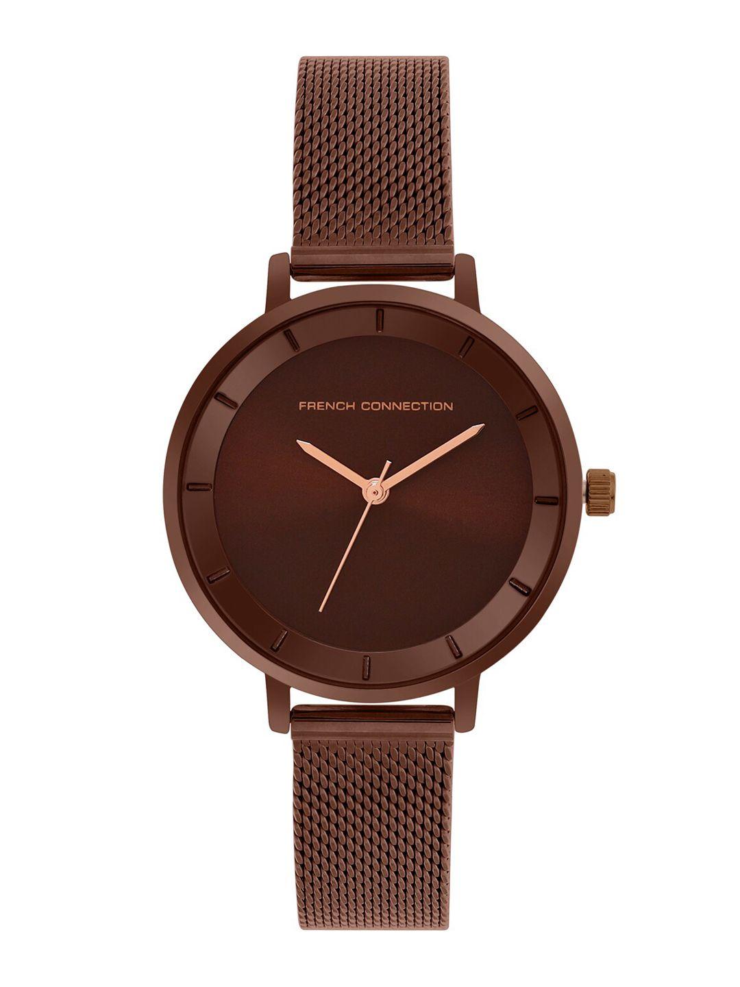 french connection women brown dial & brown stainless steel bracelet straps analogue watch