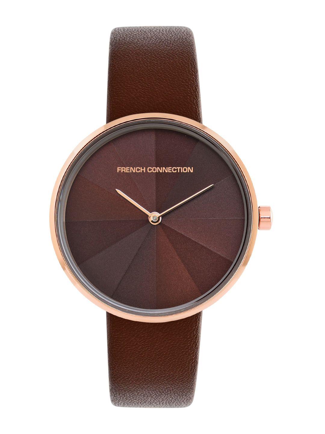 french connection women brown mother of pearl dial & brown leather straps analogue watch fcl21-f