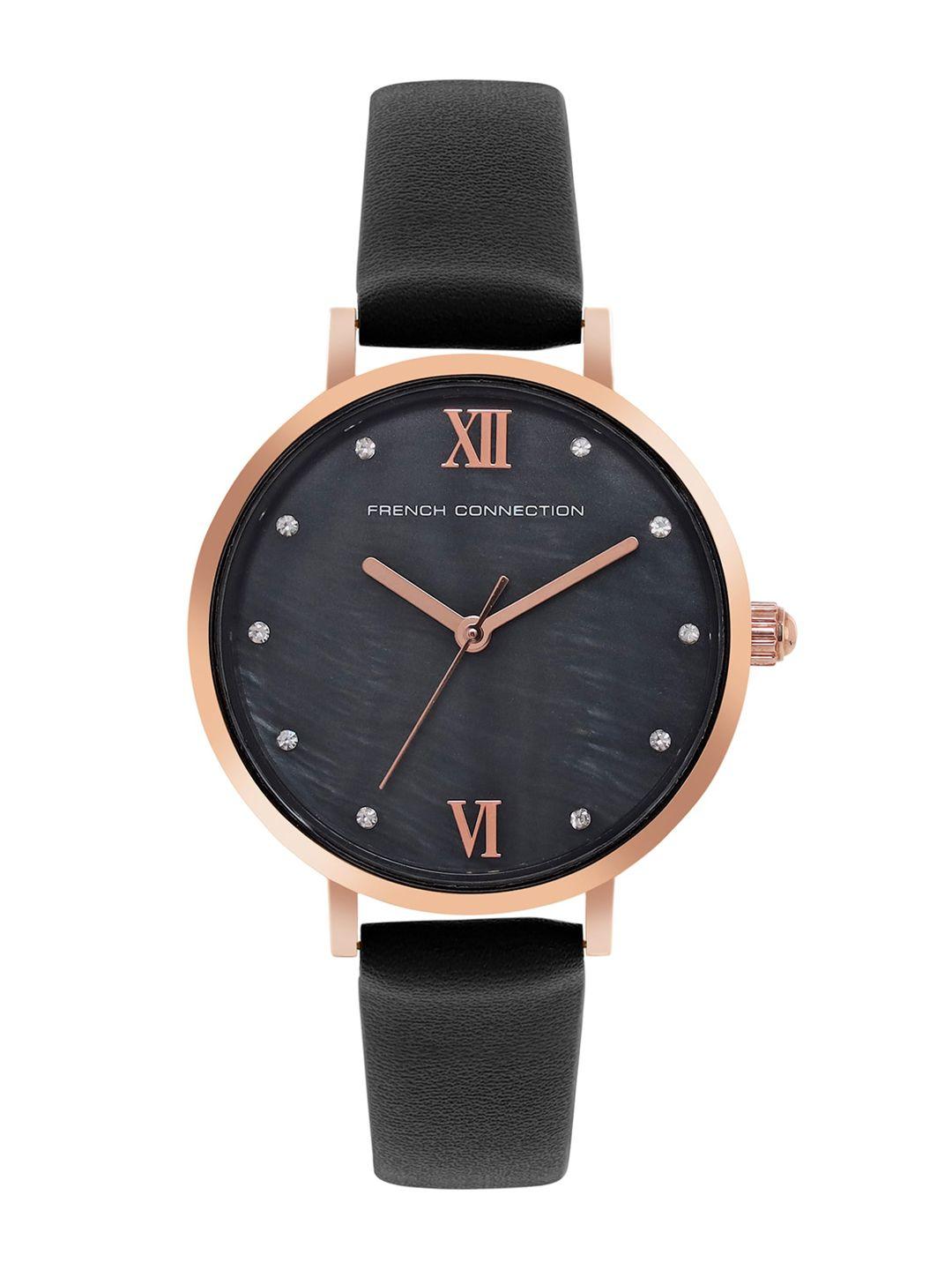 french connection women embellished dial & black leather straps analogue watch fcn00065b