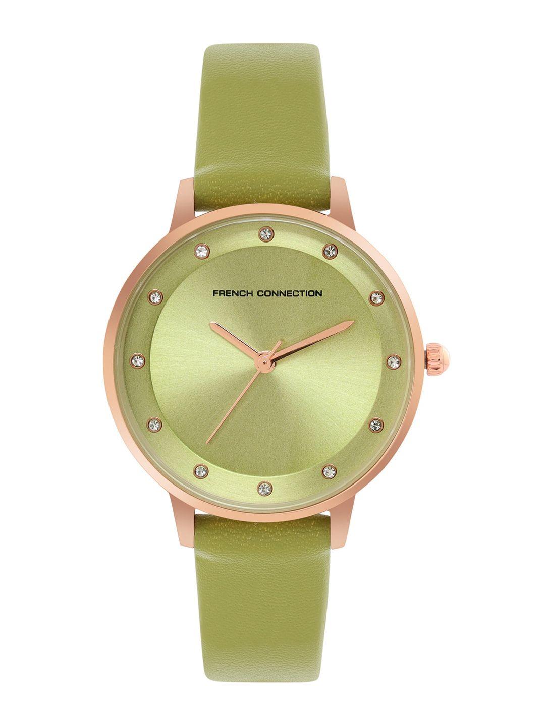 french connection women green dial & green leather straps analogue watch