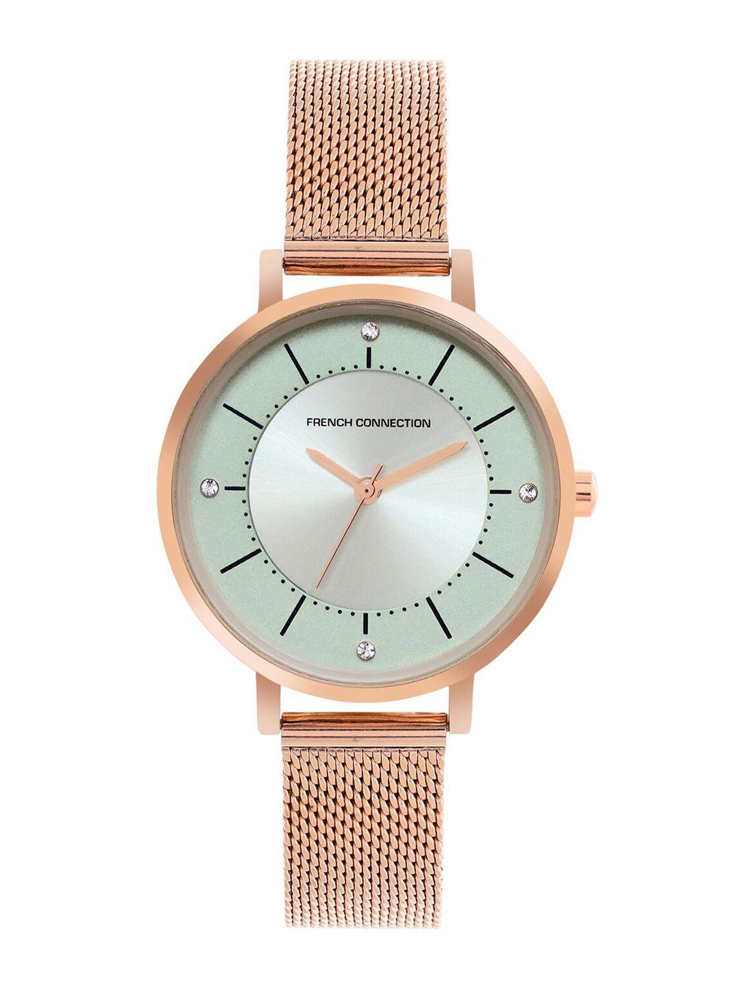 french connection women green dial & rose gold toned leather straps analogue watch fcn00010i