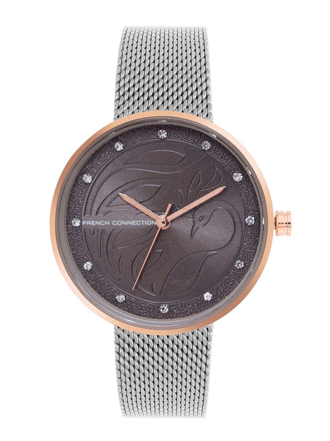 french connection women grey embellished dial & grey stainless steel bracelet style straps analogue watch