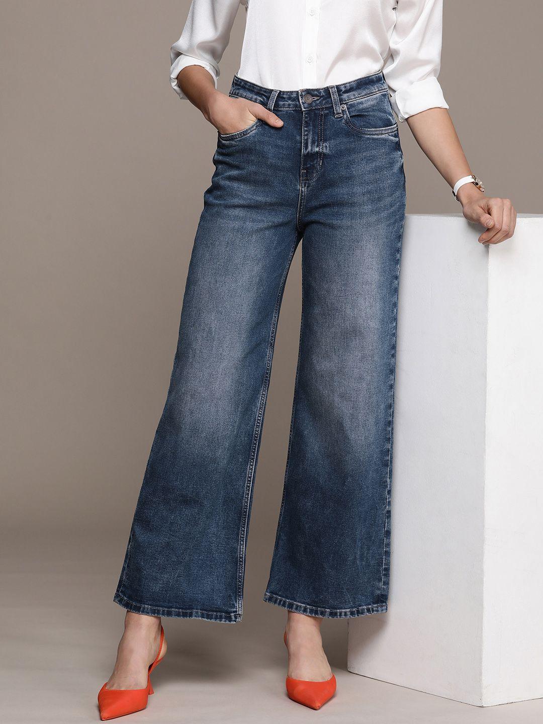 french connection women mid rise wide leg heavy fade stretchable jeans