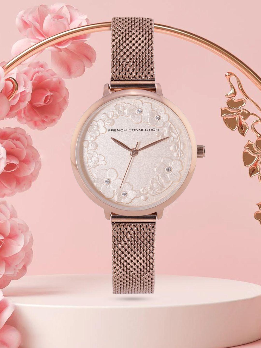 french connection women muted rose gold-toned floral textured analogue watch fcl0006a