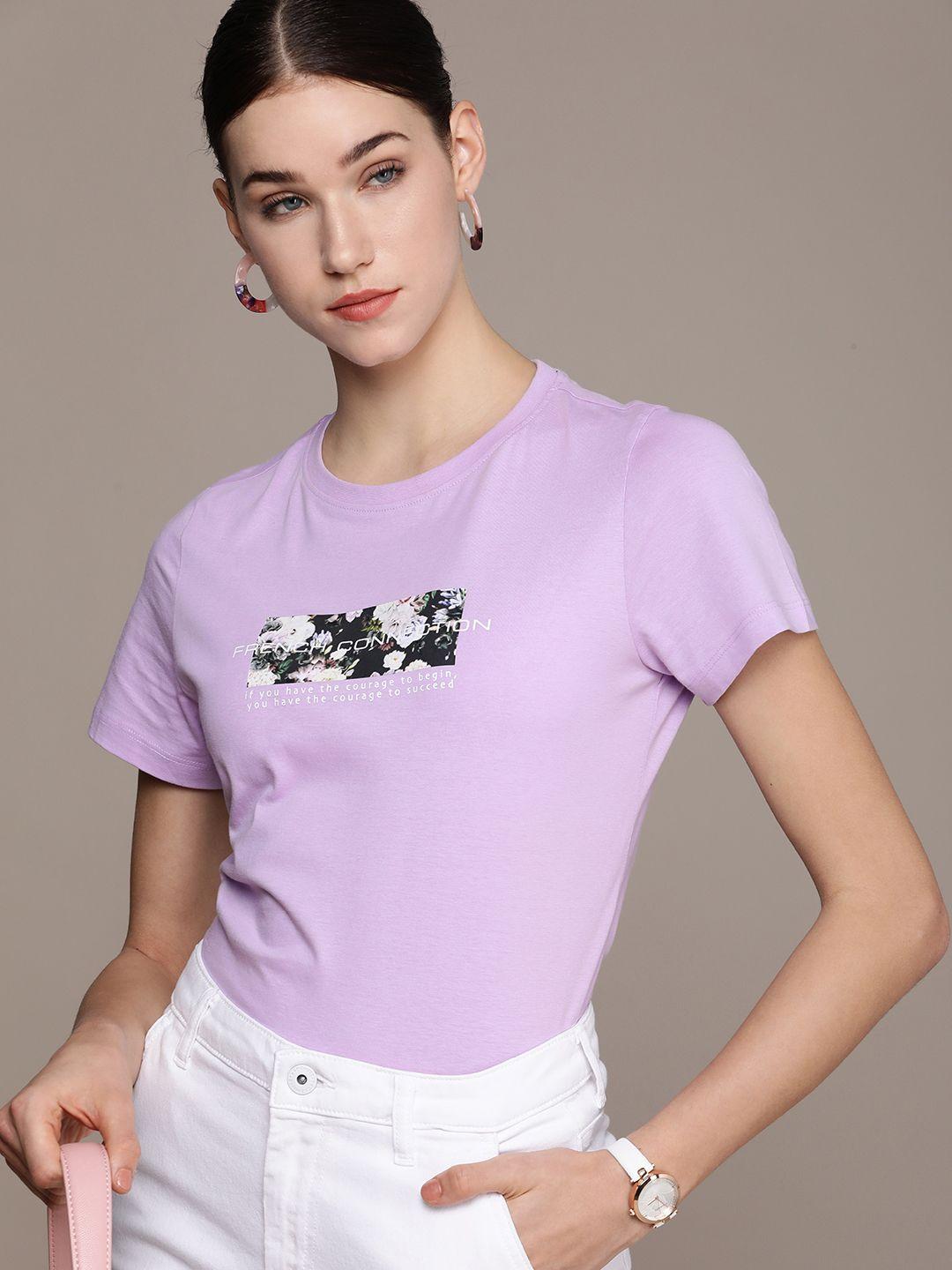 french connection women pure cotton floral & brand logo print t-shirt
