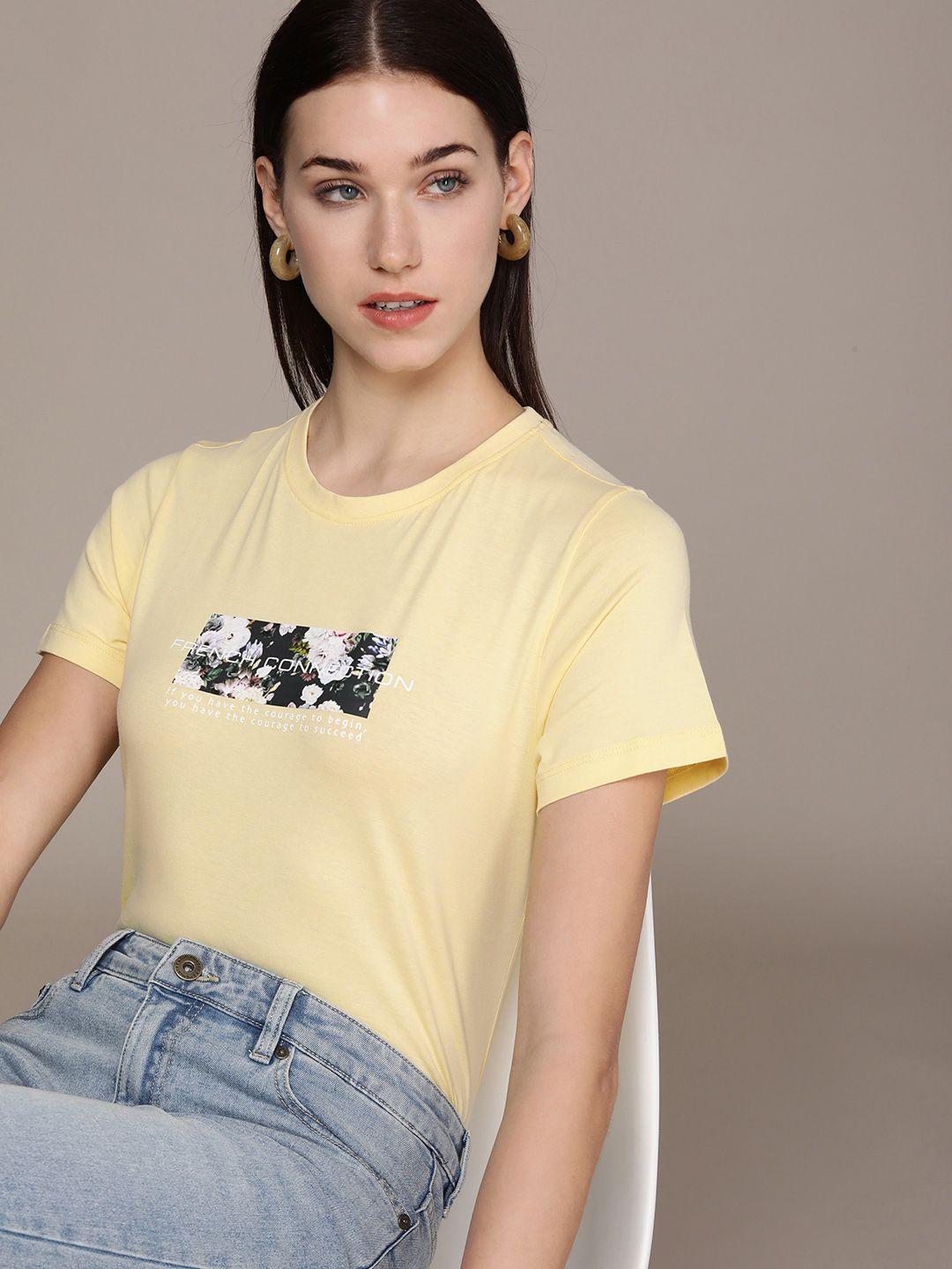 french connection women pure cotton floral & brand logo print t-shirt