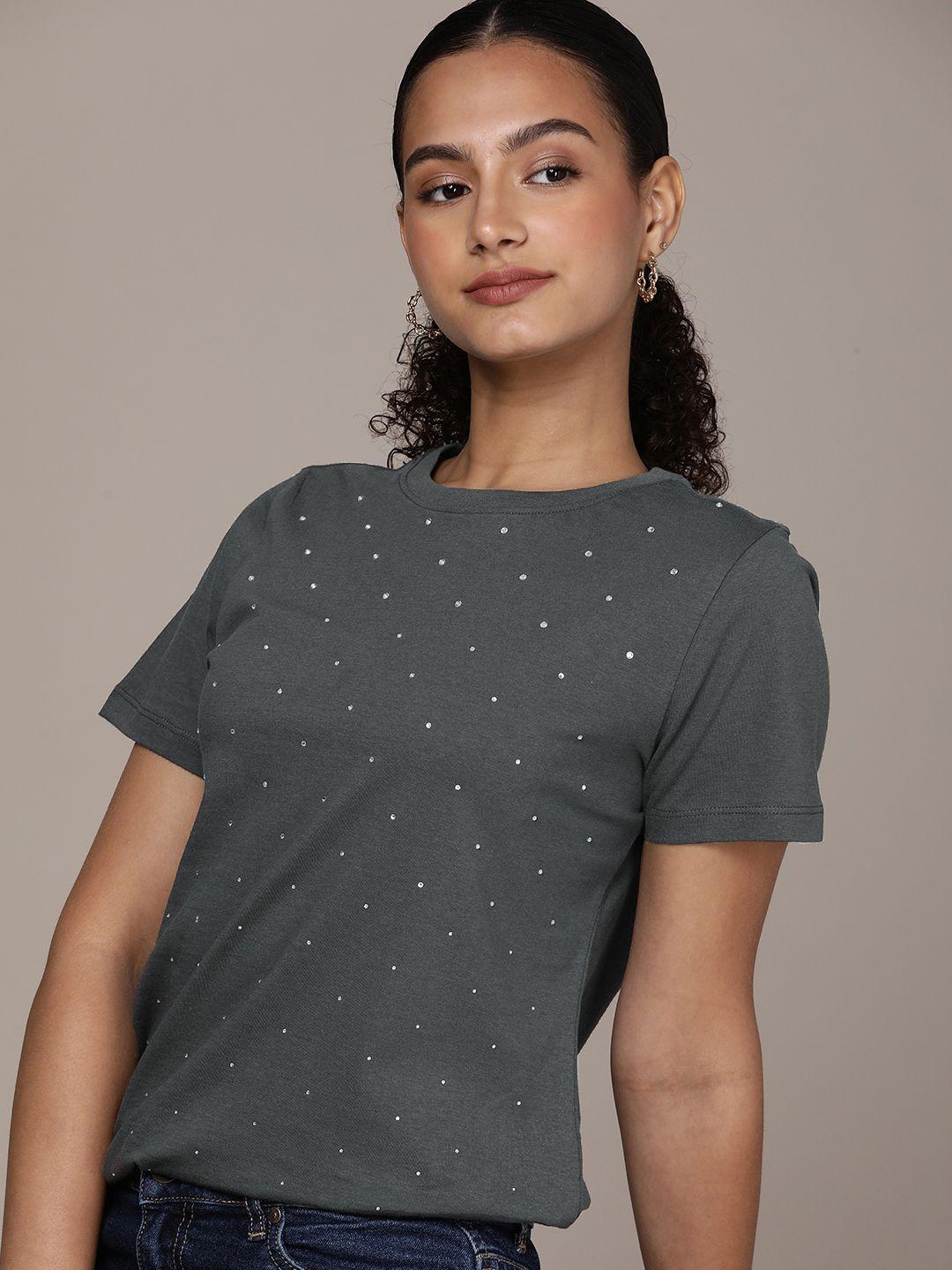 french connection women pure cotton stone embellished t-shirt