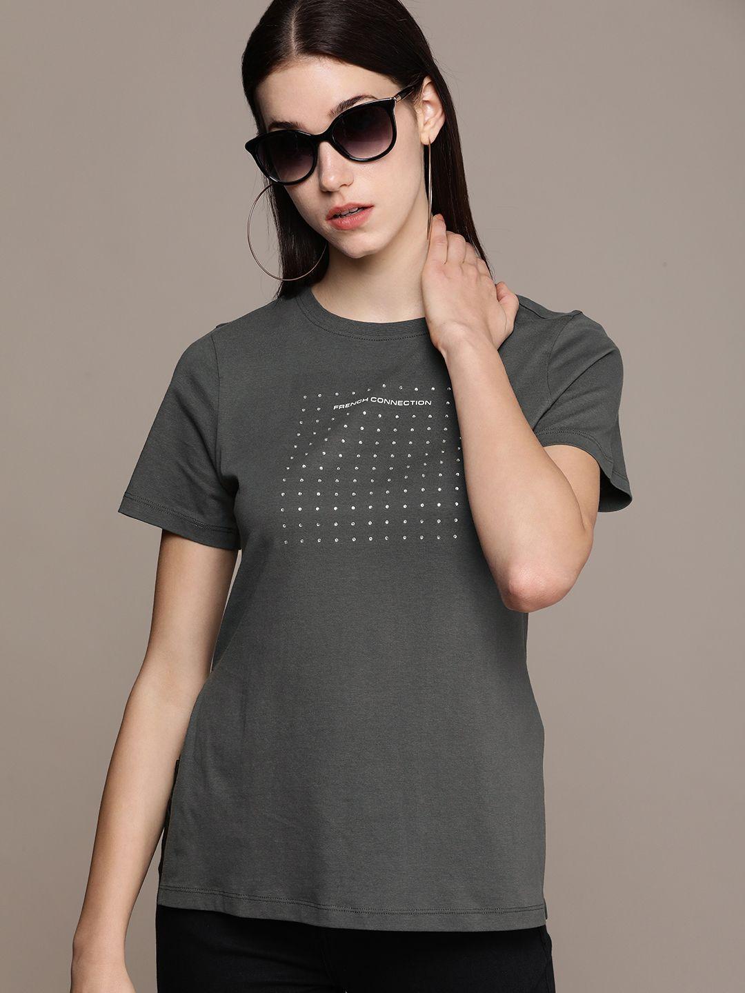 french connection women pure cotton studs embellished t-shirt