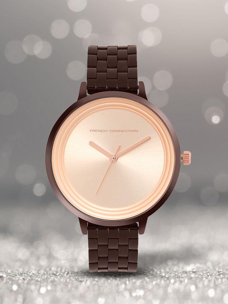 french connection women rose gold-toned dial & brown bracelet style straps analogue watch fcn0001r