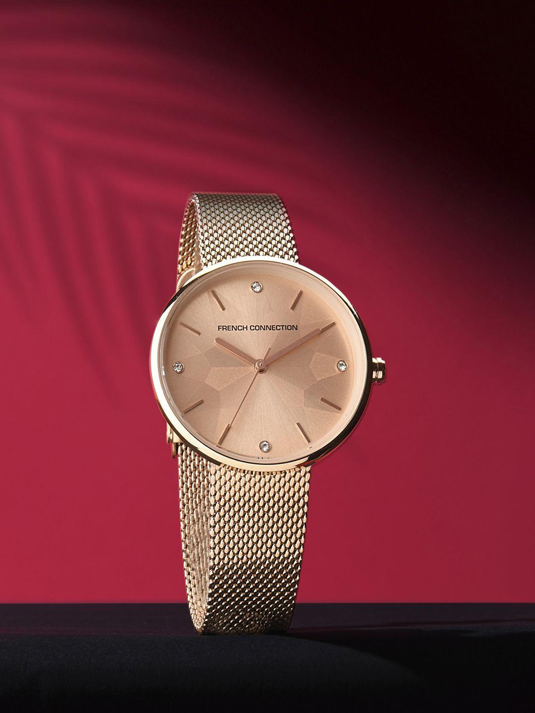 french connection women rose gold-toned dial & rose gold toned stainless steel bracelet style straps watch