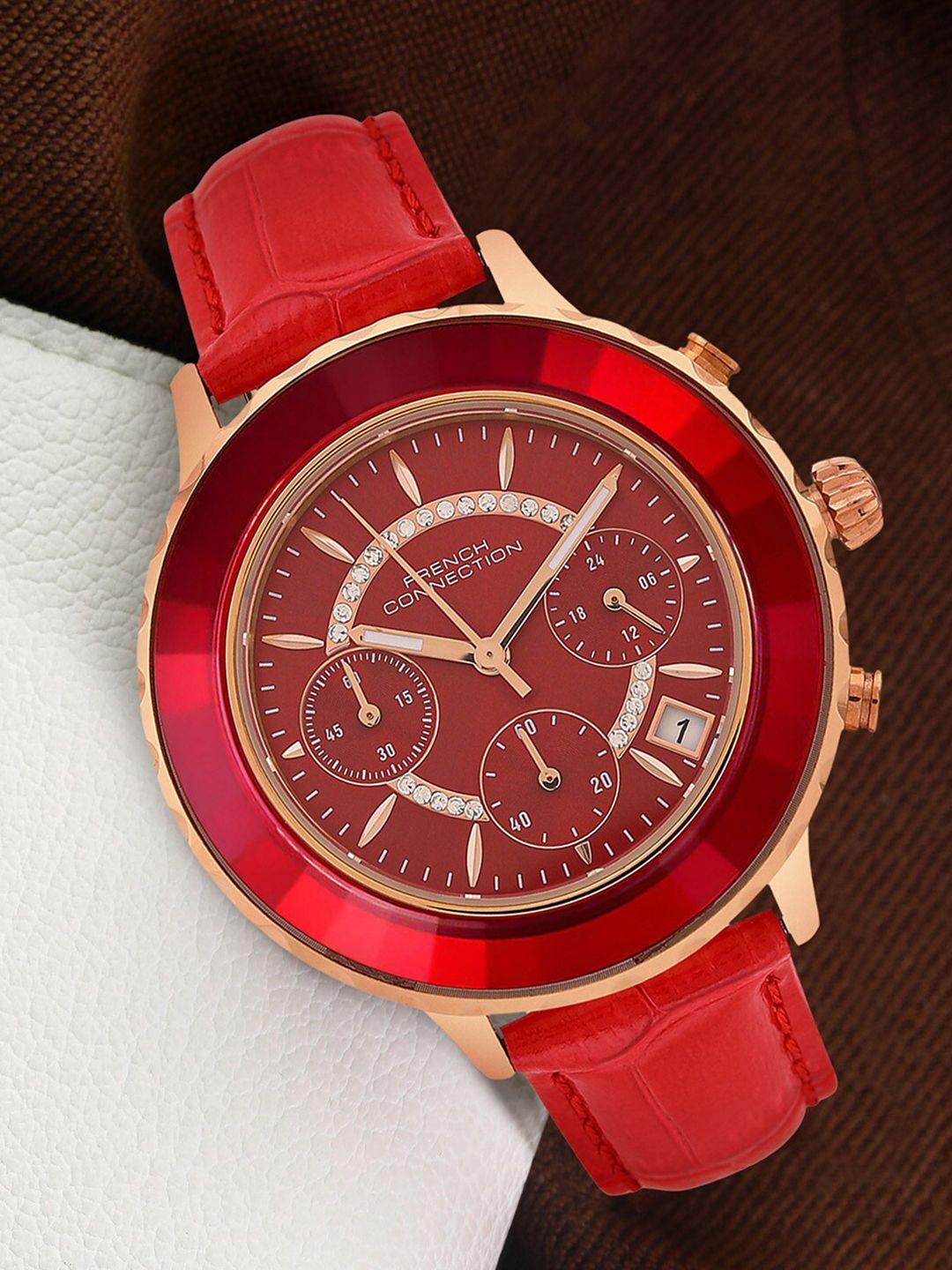 french connection women round shape leather straps analogue watch fcf03rl