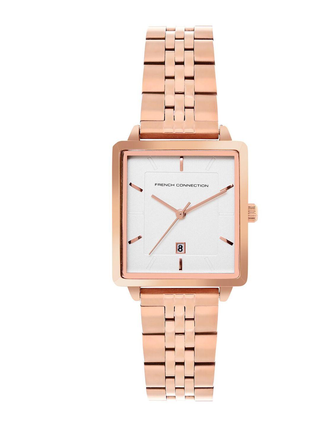 french connection women white dial & rose gold toned stainless steel bracelet style straps analogue watch - fcp35rgm-s