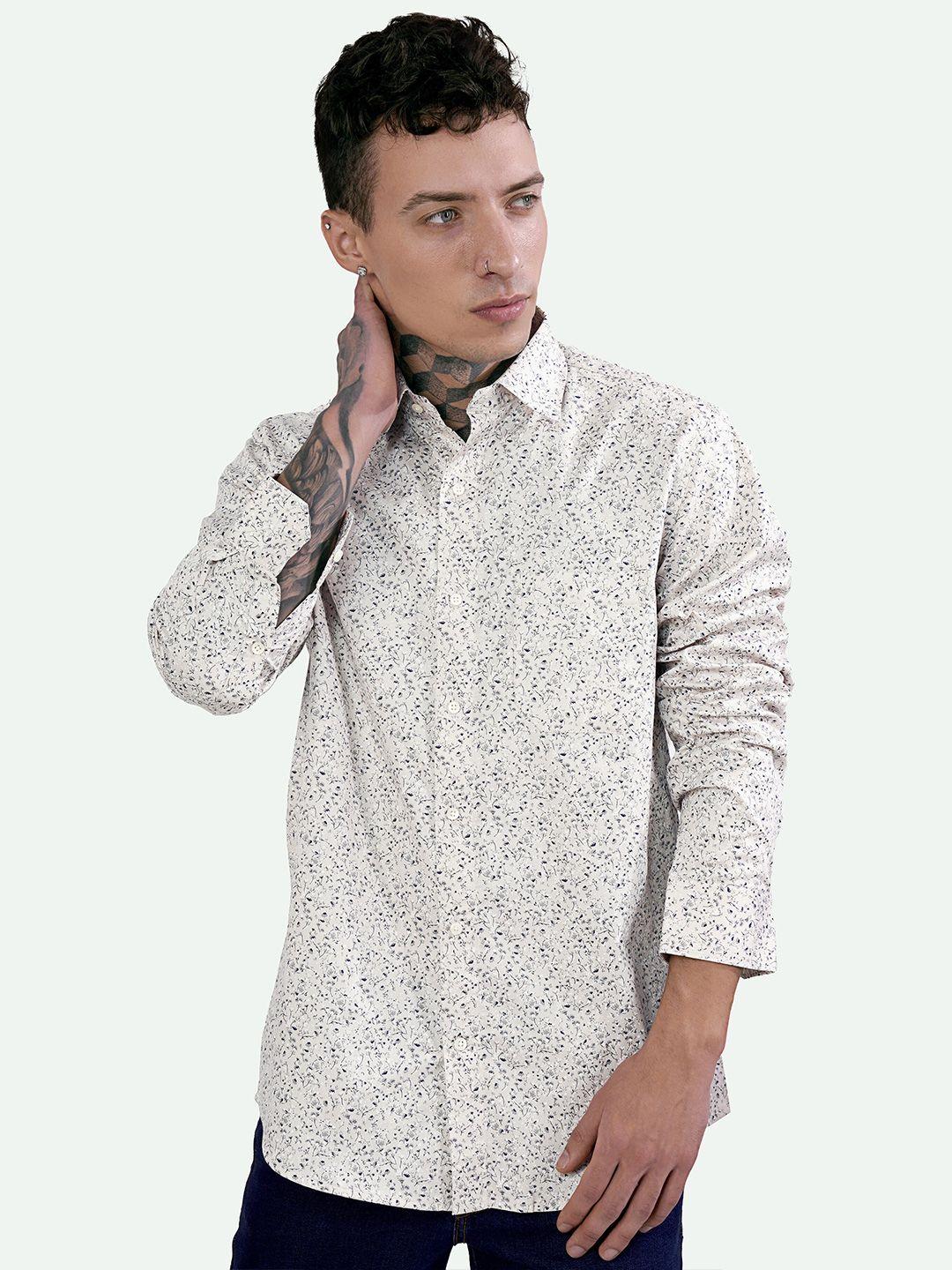 french crown men cream-coloured standard opaque printed casual shirt