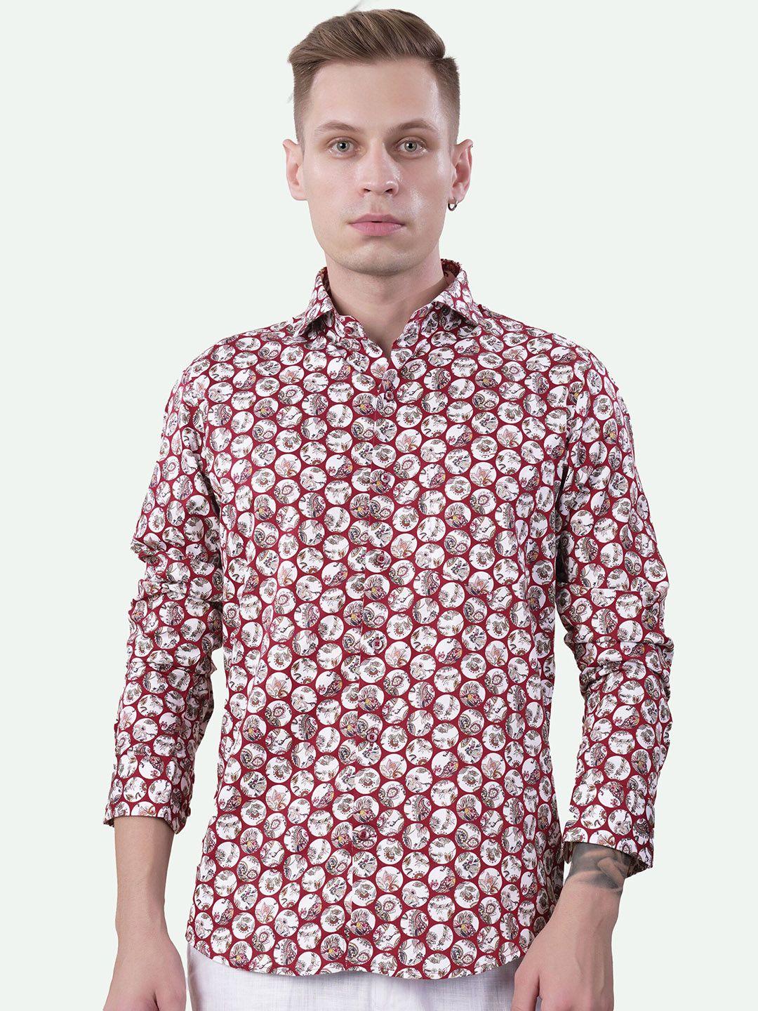 french crown standard ethnic motif printed spread collar cotton casual shirt