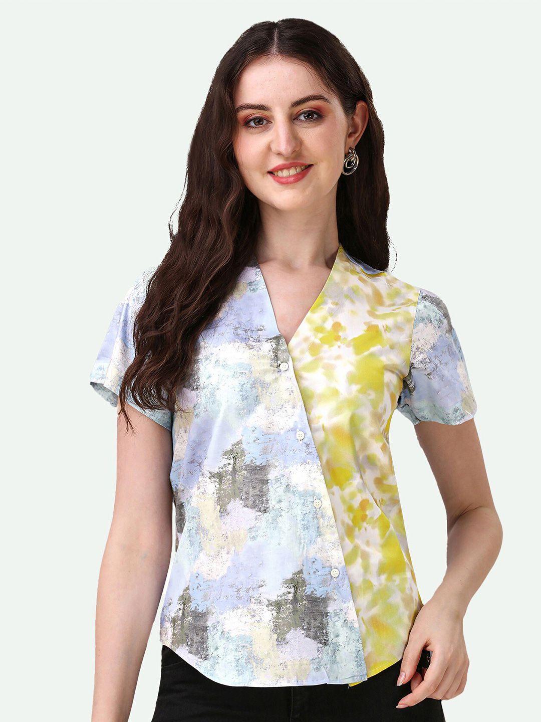 french crown women blue standard opaque printed casual shirt